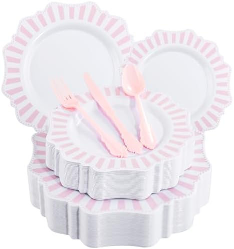 COLOSUS 150PCS White Pink Plastic Plates, Party Plates and Cutlery Set. by COLOSUS