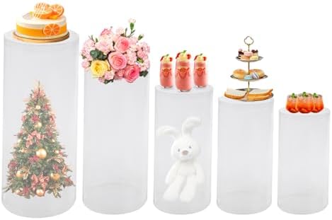 5PCS Clear Acrylic Cylinder Pedestal Stands 19.7''+21.6''+23.6''+29.5''+35.4'' Tall Round Display Pedestal Decor Background Dessert Table Pillars for Party Birthday Wedding Props Baby Shower Event Decoration by Unknown