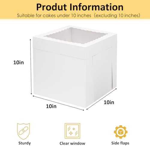 Moretoes 16pcs Cake Boxes, 10x10x10 Inches Tall White Square Bakery Boxes - Image 3