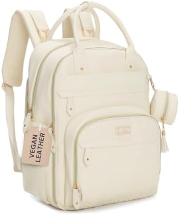 BabbleRoo Leather Diaper Bag Backpack - Baby Essentials Travel Baby Bag, Multi function, Water Resistant, with Changing Pad, Stroller Straps & Pacifier Case – Unisex, Eggshell White by BabbleRoo