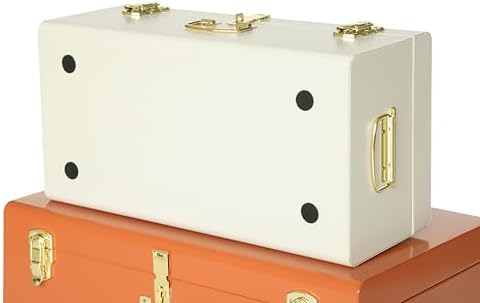 Vixdonos Decorative Large Metal Box Storage Trunk Chest Set of 2 College Dorm Organizer with Hardware Hasps and Handle for Home Deocr,23.7X14.2X9.5 Inches(Beige and Orange) - Image 3
