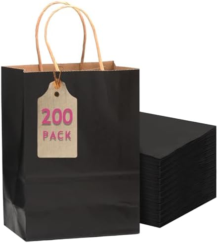 qiqee 200-Packs Black Paper Gift Bags with Handles Bulk 10.6"x8.3"x4.3" Medium Size Paper Bags Multiple Uses by Qiqee