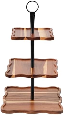Cupcake Stand,3 Tier Detachable Acacia Wood Cupcake Tower,Tiered Tray Stand,Wave Edged Square Design with Black Metal Handle,for Wedding, Birthday, Baby Shower,Home Decor by Swiscena