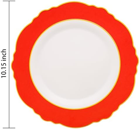 WDF 60pcs Red Plastic Plates with Gold Rim - 10.25inch Red Dinner Plates Disposable Plates for Mother's Day Wedding Party Birthday/Summer Party - Image 2