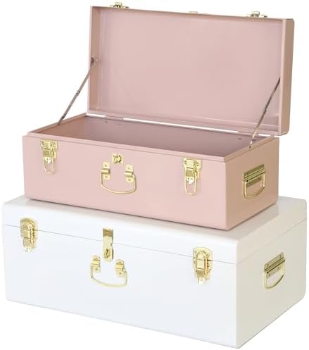 Vixdonos Metal Trunk Decorative Storage Box Set of 2 College Dorm Chest with Handle (Pink and White) by Vixdonos