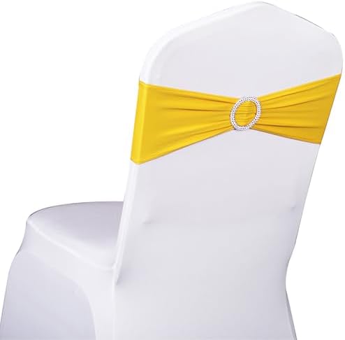 Spandex Yellow Chair Sashes 100 Pack Wedding Chair Bows Bands Silver Buckle - Image 2