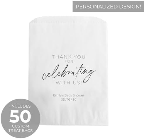 Personalized Script Celebrating With Us Favor Bags / 50 Custom All Occasion Thank You Party Treat Favor Bags / 5 3/4" x 8" Flat Gratitude Candy Cookie Holder / Engagement Wedding Anniversary Appreciation Dessert Bag / Made In The USA - Image 2
