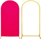 Metal Arch Stand and Cover Set,1 Fushia Spandex Fitted Backdrop with 1 Gold Wedding Arched Stand Frame for Parties Birthday Baby Shower Bridal Banquet Decoration (6.6FT) by HAISIWLKJ