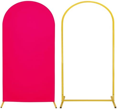 Metal Arch Stand and Cover Set,1 Fushia Spandex Fitted Backdrop with 1 Gold Wedding Arched Stand Frame for Parties Birthday Baby Shower Bridal Banquet Decoration (6.6FT) by HAISIWLKJ