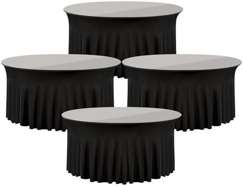 4 Pack Black Round Spandex Tablecloth 60 Inch, Wrinkle Free Stretch 120 Inch Fitted 5ft Black Table Cloths Round Table Covers with Ruffle Skirt for Graduation Wedding Party Banquet by Nobed+HHT