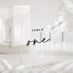 Clear Arch Acrylic Wedding Table Numbers 1-20 with Stands - Image 3