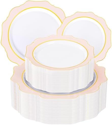 WDF 100PCS Pink Plastic Plates - Heavy Duty Pink and Gold Disposable Plates - Include 50 Dinner Plate and 50 Cake Plastic Plate for Baby Shower/Wedding/Bridal Shower/Tea Party by WDF