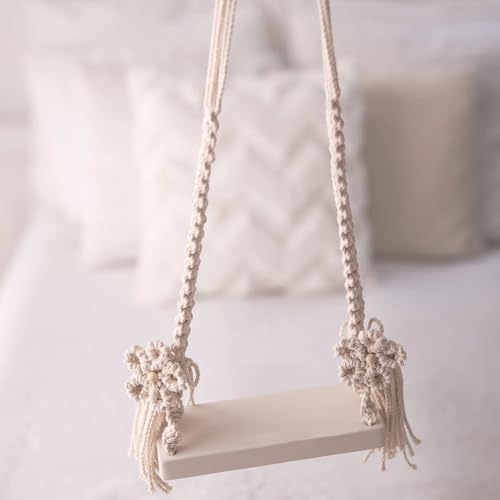 DICHA Handmade Macrame Newborn Photography Props with 2 Backdrop Clips-Baby Swing Photo Shoot Accessory–Wooden Newborn Photoshoot Props-NOT Toy-Cream Rope with White Wood 0-1 M by DICHA