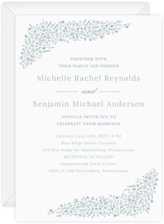 Canopy Street Personalized Dainty Floral Invitations / 25 Custom Modern Wedding Invites With White Envelopes / 5" x 7" Dusty Blue Botanical Anniversary Party Invite/Made In The USA by CanopyStreet