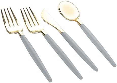 Luxe Party 128 Pieces Two Tone Plastic Disposable Cutlery | Forks-Spoons-Knives | Full Size | Chic Round | Grey and Gold - Image 2