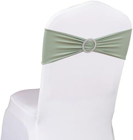 Pack of 50 Spandex Sage Green Chair Sashes Bows Elastic Chair Cover Bands Slider Buckles for Wedding Reception Banquet Bridal Decorations - Sage Green by SINSSOWL