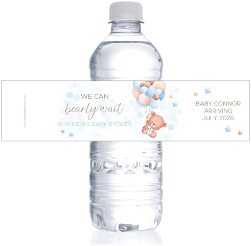 We Can Bearly Wait Blue Theme Baby Shower Water Bottle Label - Pack of 20 to 200 labels by CandyWrapperStore