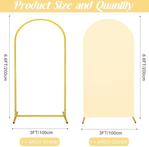 Metal Arch Stand and Cover Set,1 Beige Spandex Fitted Backdrop with 1 Gold Wedding Arched Stand Frame for Parties Birthday Baby Shower Bridal Banquet Decoration (6.6FT) - Image 2