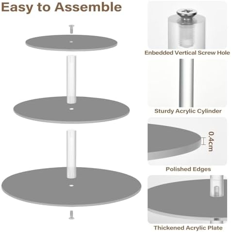 J JOYSAY Dark Gray Print Acrylic Cupcake Stand 3 Tier Dessert Table Display Set Clear Cake Stands for Wedding Baby Shower Party Decorations Easy Assembly Pastry Tower - Image 2