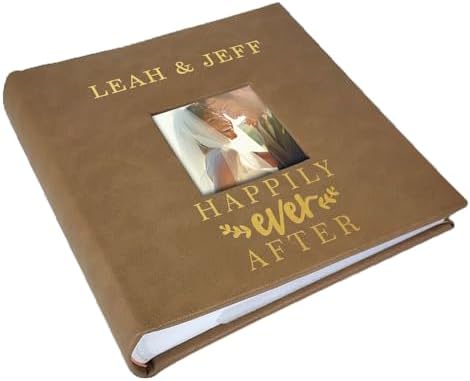Personalized Wedding Photo Album, Custom Engraved Picture Album, Holds 200 4" x 6" Photos, Leatherette and Laser Engraved Scrapbook, Happily Ever After, Brown by GiftsForYouNow