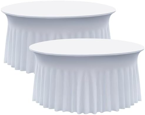 2 pk White Round Spandex Tablecloth for 60in Tables, Wrinkle Free Stretchy 120inch Fitted 5FT Table Cloths Round Table Covers with Skirt for Wedding Party Dining Banquet Events by Nobed+HHT
