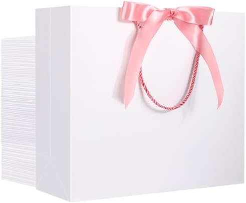 EUSOAR White Paper Bags, 50pcs 12.5"x4.5"x11" Heavy Duty Gift Paper Bags with Bow Ribbon Handle, Shopping Thank You Gift Treat Party Favor Paper Bags Bulk for Wedding Baby Shower Guests Bridal by EUSOAR
