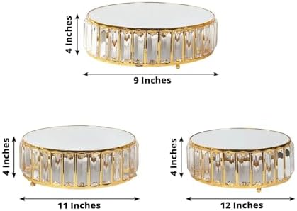 3 Gold Round Stackable Metal Cake Stands with Crystal Pendant and Mirror Top Wedding Birthday Party Display Dessert Riser Pedestal Centerpieces - Image 2