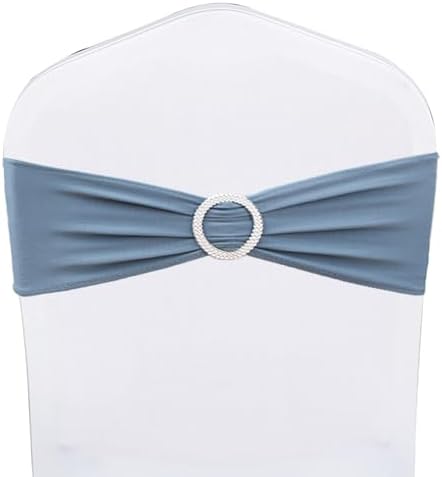 Pack of 100 Dusty Blue Chair Sashes Bows Spandex Chair Bands Silver Buckles - Image 2