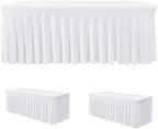 2 Pack White Spandex Table Covers 8ft Rectangle Ruffle Skirts for Party by HolidayIdeas