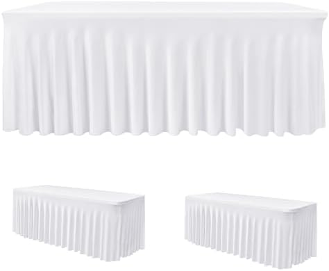 2 Pack White Spandex Table Covers 4ft Rectangle Ruffle Skirts for Party by HolidayIdeas
