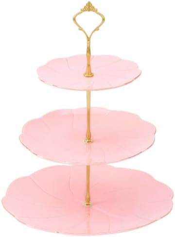 DUJUST Luxury Larger 3-Tier Cupcake Stand Tower, British Style Porcelain Serving Tray with Golden Trim, Food Grade Dessert Display Stand for Tea Party & Home Décor - 45% Pink Larger Plates by DUJUST