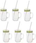 Sunshine Mason Co. Glass Mason Jar Drinking Mug set with handle, Yellow Gingham lids and White Straws, Set of 6 by Sunshine+Mason+Co.