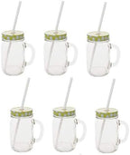 Sunshine Mason Co. Glass Mason Jar Drinking Mug set with handle, Yellow Gingham lids and White Straws, Set of 6 by Sunshine+Mason+Co.