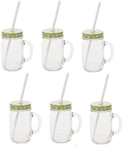 Sunshine Mason Co. Glass Mason Jar Drinking Mug set with handle, Yellow Gingham lids and White Straws, Set of 6 by Sunshine+Mason+Co.