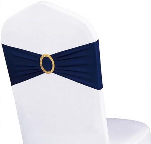 Pack of 50 Spandex Navy Blue Chair Sashes with Gold Buckles, Stretch Chairs Sashes for Wedding Party Baby Shower Ceremony Event Decorations Chair Bands Bows (Navy Blue Sashes, Gold Buckles) by WENSINL