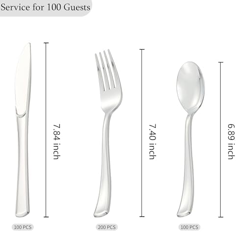 400 PCS Silver Plastic Silverware Set,Disposable Cutlery Set Heavy Duty Flatware for Party,Weddings-200 Silver Forks,100 Knives,100 Spoons - Image 3