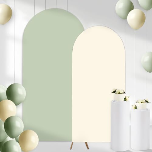 2PCS Arch Backdrop Covers Pea Green Cream (7.2ft+6ft) , 2 Sided Spandex Fitted Arch Stand Covers Background for Wedding Baby Shower Birthday Bridal Shower Party Decorations(Only Covers) by CORNERLACE
