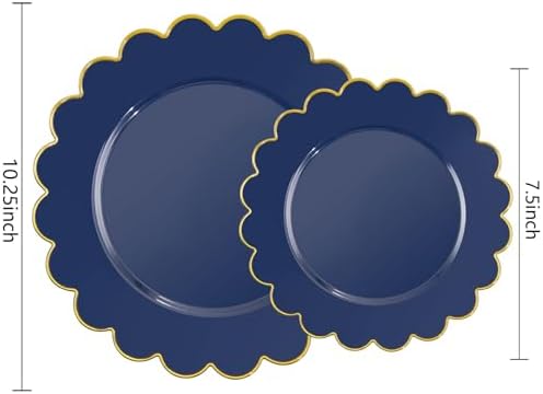LIYH 60 Pcs Navy Blue Plastic Scalloped Plates with Gold Rim, Blue and Gold Disposable Patriotic Plates for Party Included 30 Dinner Plate 10.25 30 Dessert Plate 7.5 Inch for Party - Image 2