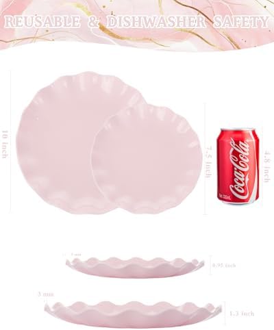 LIYH 24 Pcs Pink Plastic Plates Reusable, Pink Scalloped Plates Durable and Dishwasher Safe, Light Weight Daisy Wavy Plate Parties, Birthday, Picnics, BPA Free(12Guests) - Image 3