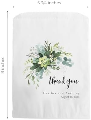 Canopy Street Personalized Lush Greenery Thank You Treat Bags / 50 Custom Event Dessert Bags / 5 3/4" x 8" Watercolor Floral Cookie Holder Wedding Anniversary Favor/Made In The USA - Image 5