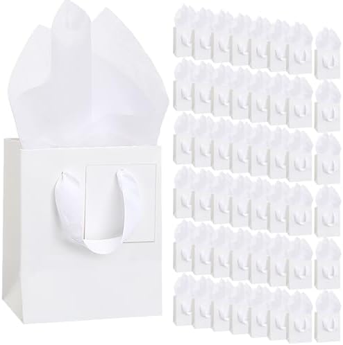 Qilery 50 Pcs Wedding Paper Gift Bags Bulk with Tissue Paper Small Gift Bags with Handle and Tags for Birthday Wedding 4th of July Party Business(White,4.7 x 2.4 x 3.9'') by Qilery