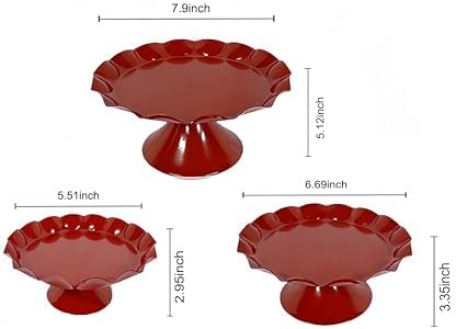 3 Pcs Red Metal Cupcake Stand Scalloped Edge Dessert Display Tray - Image 3