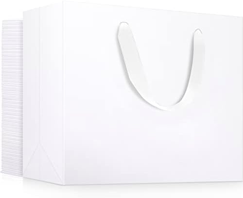 EUSOAR Exra Large Size Gift Wrap Bags in Bulk, 50 Pack 16x6x12 inches White Paper Heavy Duty Bags with Handles, for Wedding, Grocery, Boutique, Retail, Business, Party Favors by EUSOAR