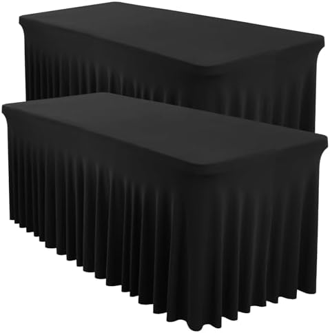 Shillance 2 Packs Black Spandex Table Covers 8 Foot, Fitted Stretch Table Cloth with Skirts 96x30 Inch, Wrinkle-Free Floor Length Rectangle Tablecloths for Trade Show Weddings Parties Banquets Events by Shillance