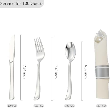 100 Pack Pre Rolled Silver Plastic Silverware Set with Napkins,Disposable Wrapped Heavy Duty Cutlery Set for Wedding Birthday Party-100 Forks,Knives,Spoon,Utensils Set,Plasticware Bulk - Image 3