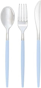 Luxe Party 128 Pieces Two Tone Plastic Disposable Cutlery | Forks-Spoons-Knives | Full Size | Chic Round | Ice Blue and Silver by LuxeParty