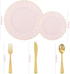 YOUBET 125PCS Pink Plastic Plates with Gold Rim for Wedding Birthday Party - Image 2