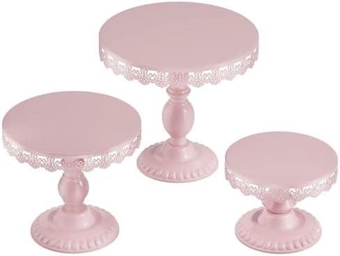 3 PCS Pink Cake Stands (8"&10"&12" Plate), Cupcake Stand with a lace Hollow Border Metal Cake Stand Set for Birthday Party, Wedding, Anniversary, Baby Shower by VMFKPNR