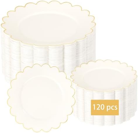 LIYH 120Pcs Ivory Scalloped Plastic Plates, Gold Rim Fancy Plates For Party by LIYHLoveinyourheart