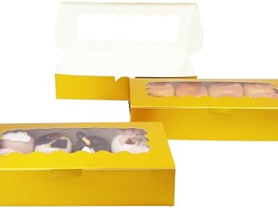 qiqee 50 Packs Gold Cookie Box with Window 12x5.5x2.5 Inch Two Uses Pastry Biscuit Bakery Box For Packaging - Image 6